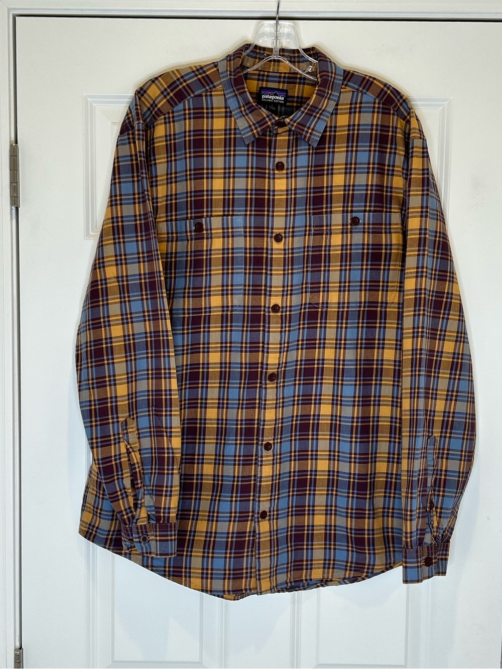 Patagonia Men's Yellow & Blue Plaid Button-Up Shirt Size L